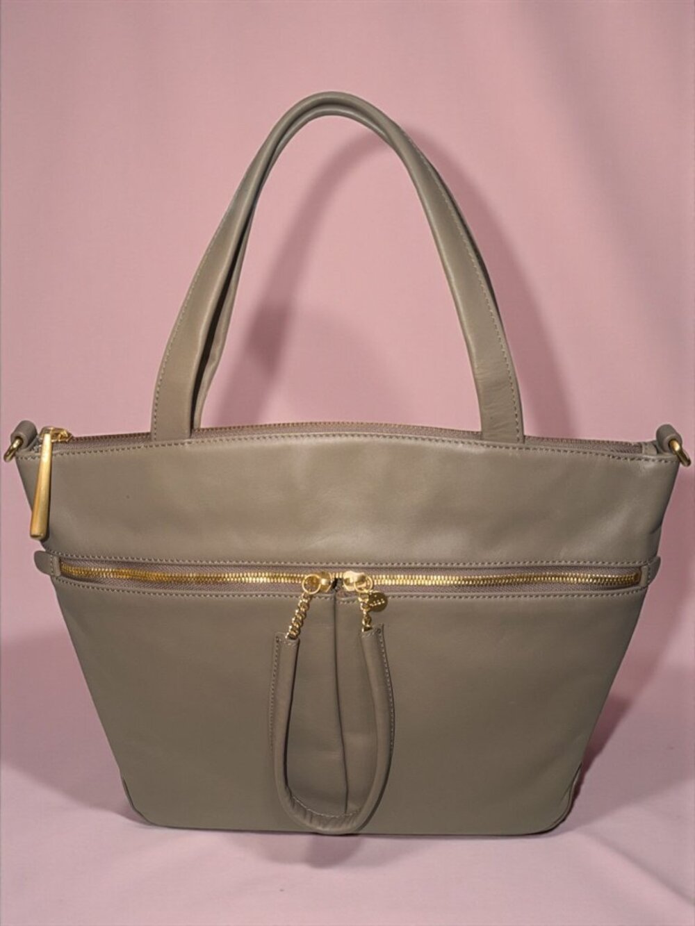 HOBO Double Zip Satchel Taupe Matte Leather Brass Shoulder Bag Detachable Strap - Picture 4 of 12